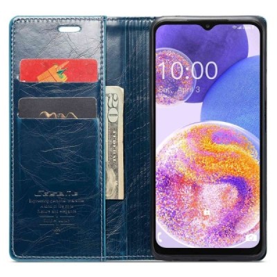 Samsung Galaxy A23 5G (SM-A236B, SM-M236B, SM-E236B) „CaseMe“ Leather solīds atvēramais ādas zils maciņš - maks | Vacins.lv