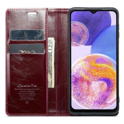 Samsung Galaxy A23 5G (SM-A236B, SM-M236B, SM-E236B) „CaseMe“ Leather solīds atvēramais ādas bordo maciņš - maks | Vacins.lv