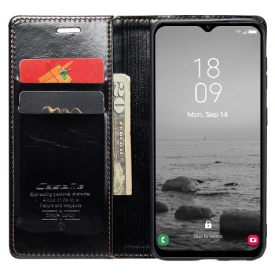 Samsung Galaxy A34 5G (SM-A346E) „CaseMe“ Leather solīds atvēramais ādas melns maciņš - maks | Vacins.lv