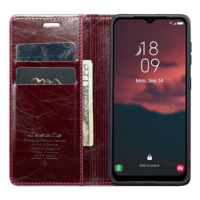Samsung Galaxy A34 5G (SM-A346E) „CaseMe“ Leather solīds atvēramais ādas bordo maciņš - maks | Vacins.lv
