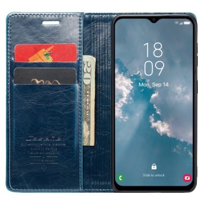Samsung Galaxy A14 5G (SM-A146B) „CaseMe“ Leather solīds atvēramais ādas zils maciņš - maks | Vacins.lv