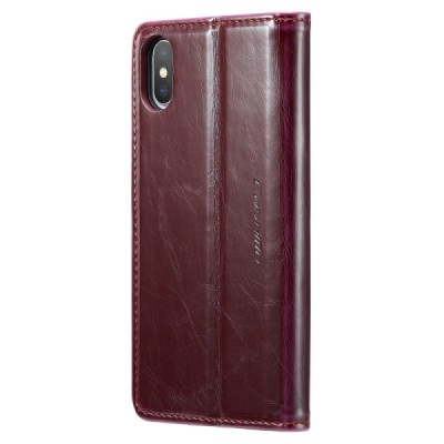 Apple iPhone X (iPhone Xs) „CaseMe“ Leather solīds atvēramais ādas bordo maciņš - maks | Vacins.lv