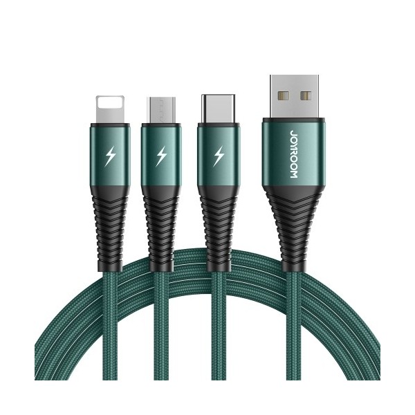 „JOYROOM“ 3-in-1 micro USB + Type-C + Lightning vads - zaļš (1.2 m. / 3A)