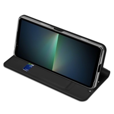 Sony Xperia 5 V „Dux Ducis“ Skin sērijas melns ādas atvērams maciņš | Vacins.lv