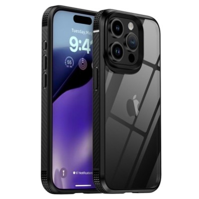 Apple iPhone 15 Pro Max elegants „IPAKY“ Fiber dzidrs (caurspīdīgs) silikona apvalks (apmales melnā krāsā) | Vacins.lv