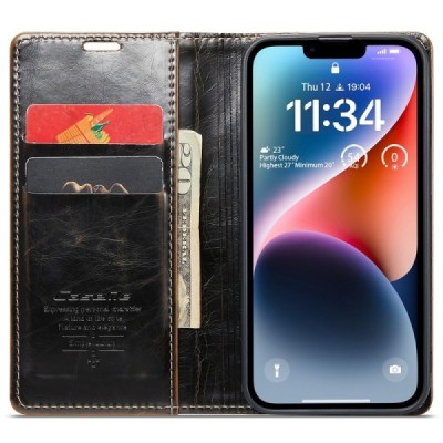 Apple iPhone 15 „CaseMe“ Leather solīds atvēramais ādas brūns maciņš - maks | Vacins.lv