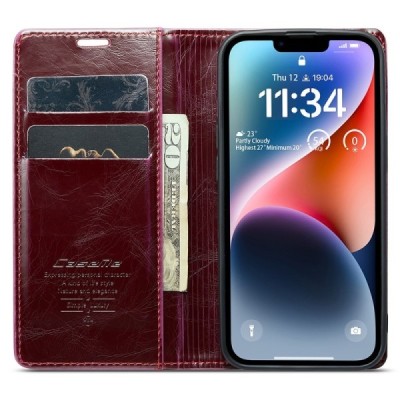 Apple iPhone 15 Plus „CaseMe“ Leather solīds atvēramais ādas bordo maciņš - maks | Vacins.lv