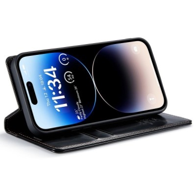 Apple iPhone 15 Pro „CaseMe“ Leather solīds atvēramais ādas melns maciņš - maks | Vacins.lv