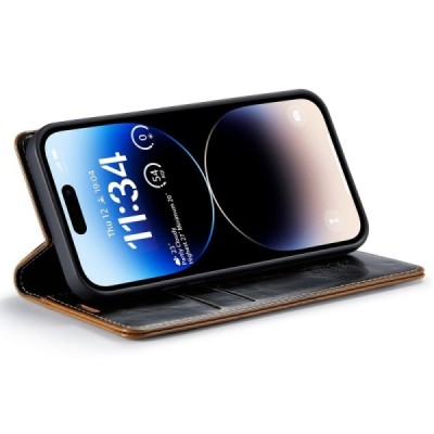 Apple iPhone 15 Pro „CaseMe“ Leather solīds atvēramais ādas brūns maciņš - maks | Vacins.lv