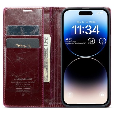 Apple iPhone 15 Pro „CaseMe“ Leather solīds atvēramais ādas bordo maciņš - maks | Vacins.lv