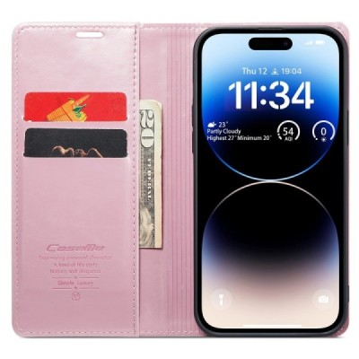 Apple iPhone 15 Pro „CaseMe“ Leather solīds atvēramais ādas rozs maciņš - maks | Vacins.lv