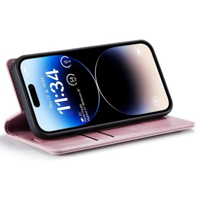 Apple iPhone 15 Pro „CaseMe“ Leather solīds atvēramais ādas rozs maciņš - maks | Vacins.lv