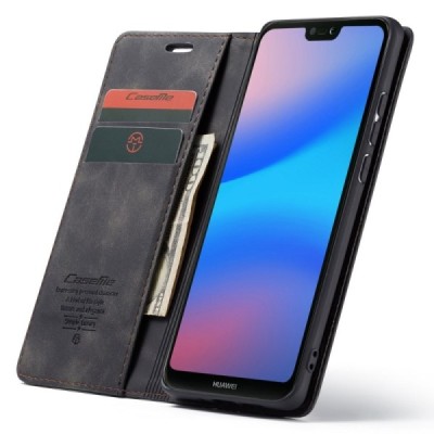 Huawei P20 Lite (Nova 3e) CaseMe Retro solīds atvēramais ādas melns maciņš - maks | Vacins.lv