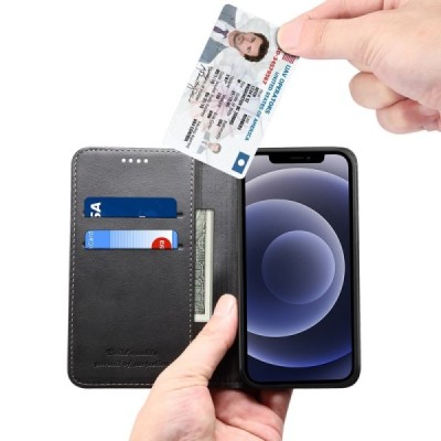 Suteni atverčiamas juodas odinis Apple iPhone 12 Mini dėklas - knygutė | Priedai.lt