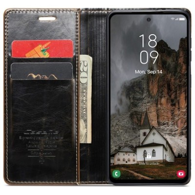 Samsung Galaxy A55 5G (SM-A556) CaseMe Leather solīds atvēramais ādas brūns maciņš - maks | Vacins.lv