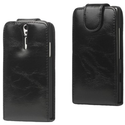 Sony Xperia S klasikinis vertikaliai atverčiamas juodas odinis dėklas / Priedai.lt