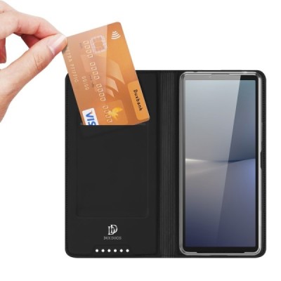Sony Xperia 10 VI „Dux Ducis“ Skin sērijas melns ādas atvērams maciņš | Vacins.lv
