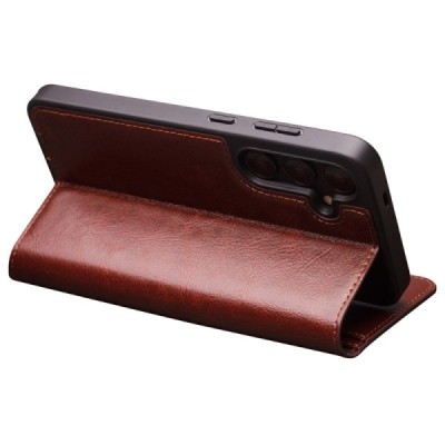 Samsung Galaxy S24 (SM-S921) „QIALINO“ atvēramais ādas brūns maciņš - maks | Vacins.lv