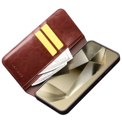 Samsung Galaxy S24+ (SM-S926) „QIALINO“ atvēramais ādas brūns maciņš - maks | Vacins.lv