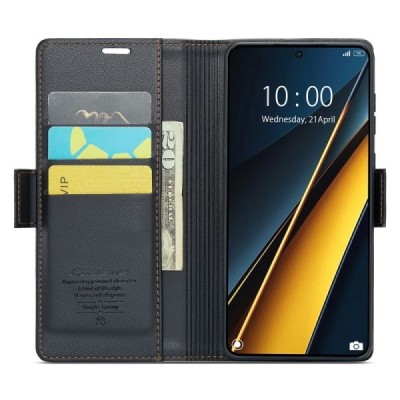 Xiaomi Poco X6 Pro 5G (Redmi K70E) CaseMe Leather solīds atvēramais ādas melns maciņš - maks | Vacins.lv