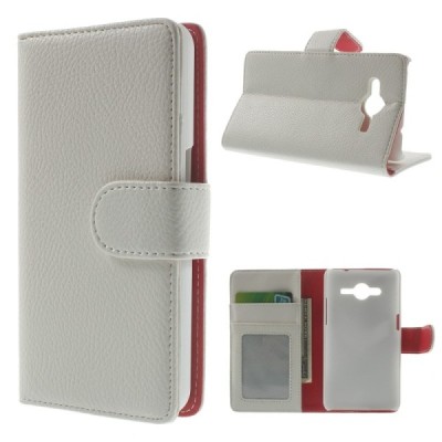 Samsung Galaxy Core 2 G355 atverčiamas baltas odinis Litchi dėklas - piniginė / Priedai.lt