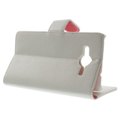 Samsung Galaxy Core 2 G355 atverčiamas baltas odinis Litchi dėklas - piniginė / Priedai.lt