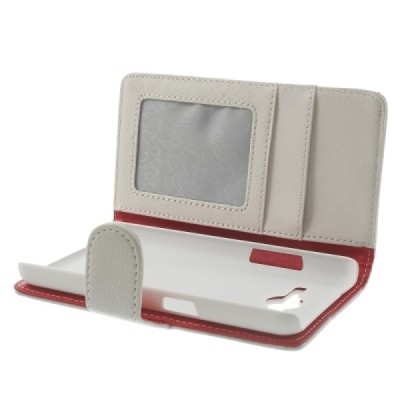 Samsung Galaxy Core 2 G355 atverčiamas baltas odinis Litchi dėklas - piniginė / Priedai.lt