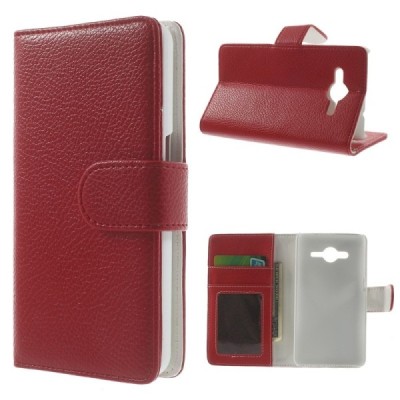 Samsung Galaxy Core 2 G355 atverčiamas raudonas odinis Litchi dėklas - piniginė / Priedai.lt