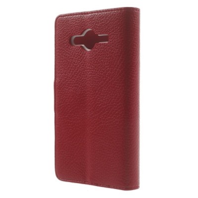 Samsung Galaxy Core 2 G355 atverčiamas raudonas odinis Litchi dėklas - piniginė / Priedai.lt