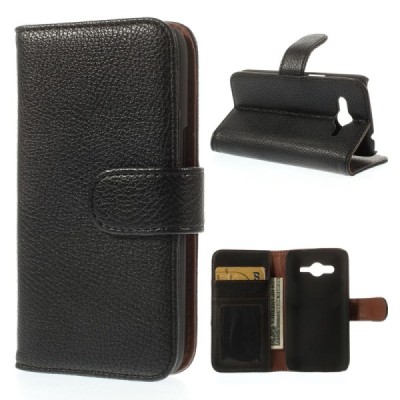 Samsung Galaxy Core LTE G386 atvēramais melns ādas Litchi futrālis - maciņš / Vacins.lv