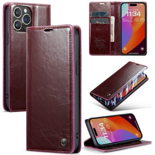 "CaseMe" Leather solīds atvēramais ādas maciņš - bordo (iPhone 16 Pro)