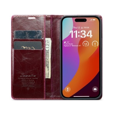 Apple iPhone 16 Plus CaseMe Leather solīds atvēramais ādas bordo maciņš - maks | Vacins.lv