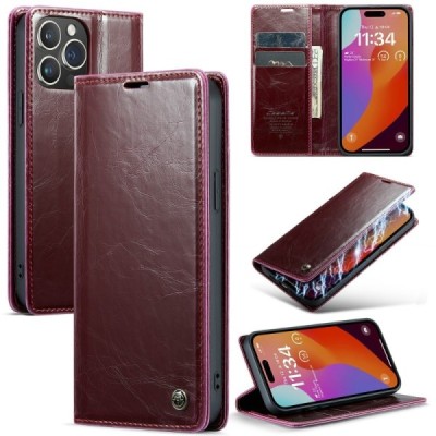 Apple iPhone 16 Pro Max CaseMe Leather solīds atvēramais ādas bordo maciņš - maks | Vacins.lv