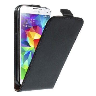 Samsung Galaxy S5 mini G800 klasikinis vertikaliai atverčiamas juodas odinis dėklas / Priedai.lt