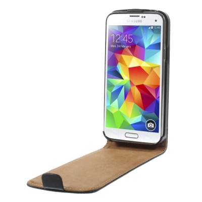 Samsung Galaxy S5 mini G800 klasikinis vertikaliai atverčiamas juodas odinis dėklas / Priedai.lt