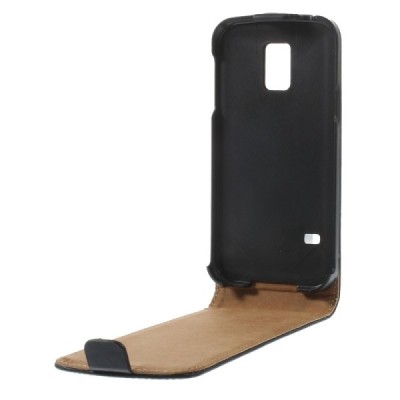 Samsung Galaxy S5 mini G800 klasikinis vertikaliai atverčiamas juodas odinis dėklas / Priedai.lt