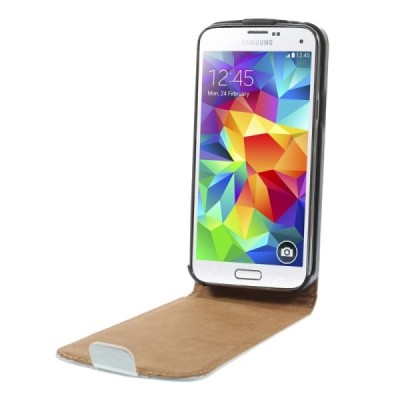 Samsung Galaxy S5 mini G800 klasikinis vertikaliai atverčiamas baltas odinis dėklas / Priedai.lt