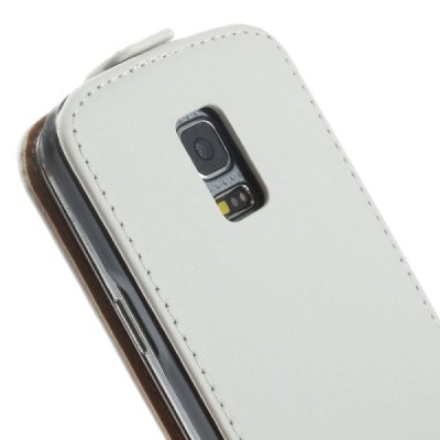 Samsung Galaxy S5 mini G800 klasikinis vertikaliai atverčiamas baltas odinis dėklas / Priedai.lt
