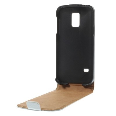 Samsung Galaxy S5 mini G800 klasikinis vertikaliai atverčiamas baltas odinis dėklas / Priedai.lt