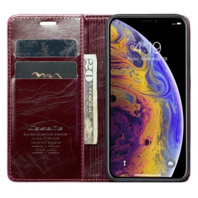 Apple iPhone X (iPhone Xs) „CaseMe“ Leather solīds atvēramais ādas bordo maciņš - maks | Vacins.lv
