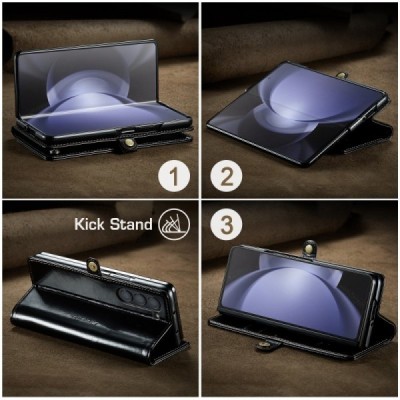 Samsung Galaxy Fold5 5G (SM-F946B) „CaseMe“ Leather solīds atvēramais ādas melns maciņš - maks | Vacins.lv