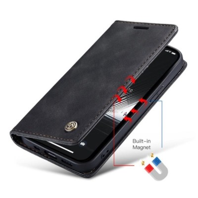 Apple iPhone 15 CaseMe Retro solīds atvēramais ādas melns maciņš - maks | Vacins.lv