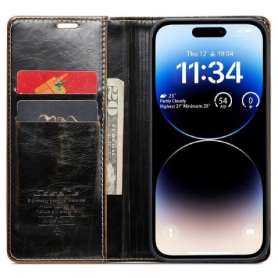 Apple iPhone 15 Pro Max „CaseMe“ Leather solīds atvēramais ādas brūns maciņš - maks | Vacins.lv