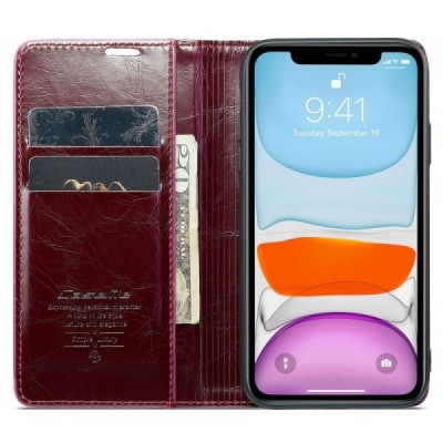 Apple iPhone 11 „CaseMe“ Leather solidus atverčiamas bordo odinis dėklas - knygutė | Priedai.lt