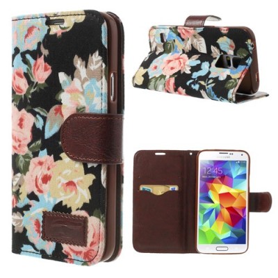 Atverčiamas Samsung Galaxy S5 (S5 Neo) rožių spalvotas dėklas (piniginė) - juodas / Priedai.lt