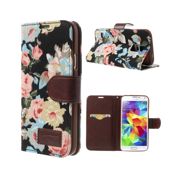 Atverčiamas „rožių“ dėklas - juodas (Galaxy S5 / S5 Neo)