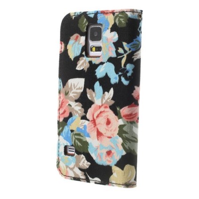 Atverčiamas Samsung Galaxy S5 (S5 Neo) rožių spalvotas dėklas (piniginė) - juodas / Priedai.lt