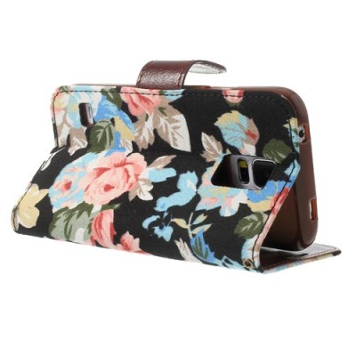 Atverčiamas Samsung Galaxy S5 (S5 Neo) rožių spalvotas dėklas (piniginė) - juodas / Priedai.lt