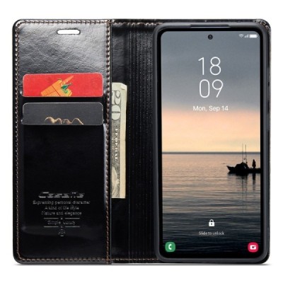 Samsung Galaxy S23 FE (Fan Edition) „CaseMe“ Leather solīds atvēramais ādas melns maciņš - maks | Vacins.lv