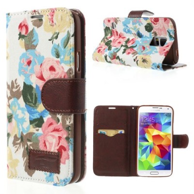 Atverčiamas Samsung Galaxy S5 (S5 Neo) rožių spalvotas dėklas (piniginė) - baltas / Priedai.lt